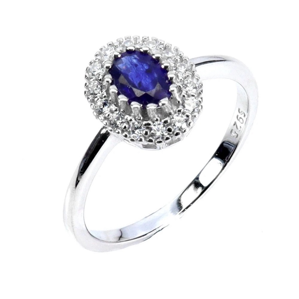 Dazzling Natural Blue Sapphire w/zircon halo in 925 Sterling Silver. Ring size 7 - Picture 6 of 11
